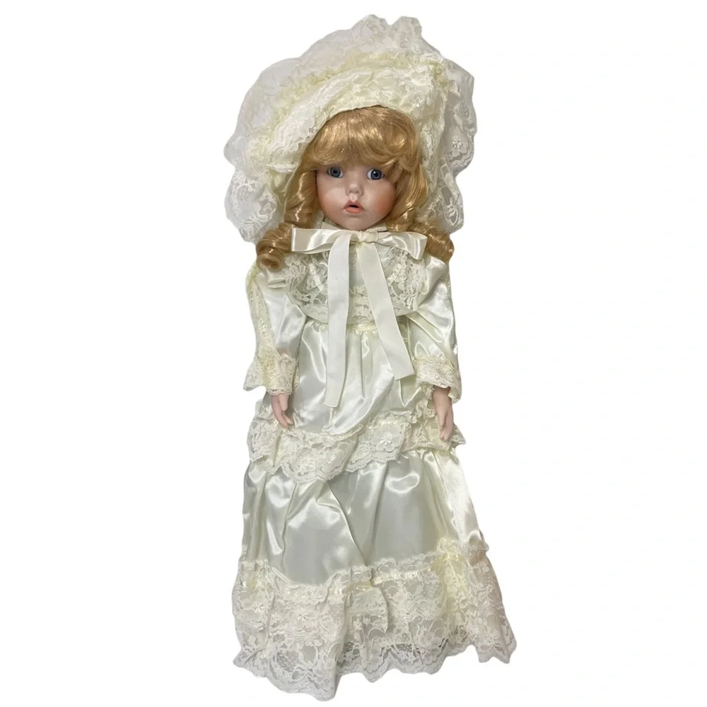 Victorian Porcelain Doll Flora Satin Silk Floral Lace Delicate Cottage Core